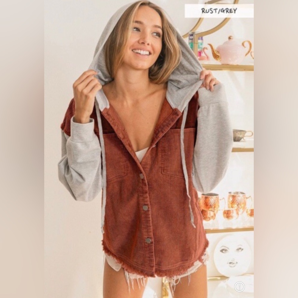 BiBi Rust Grey Corduroy Raw Hem Hooded Shacket
